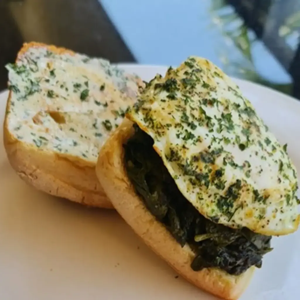 Open Toasted Ciabatta Garlic Butter Spinach & Egg 