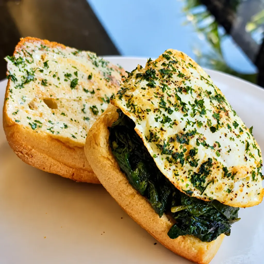 Open Toasted Ciabatta Garlic Butter Spinach & Egg 