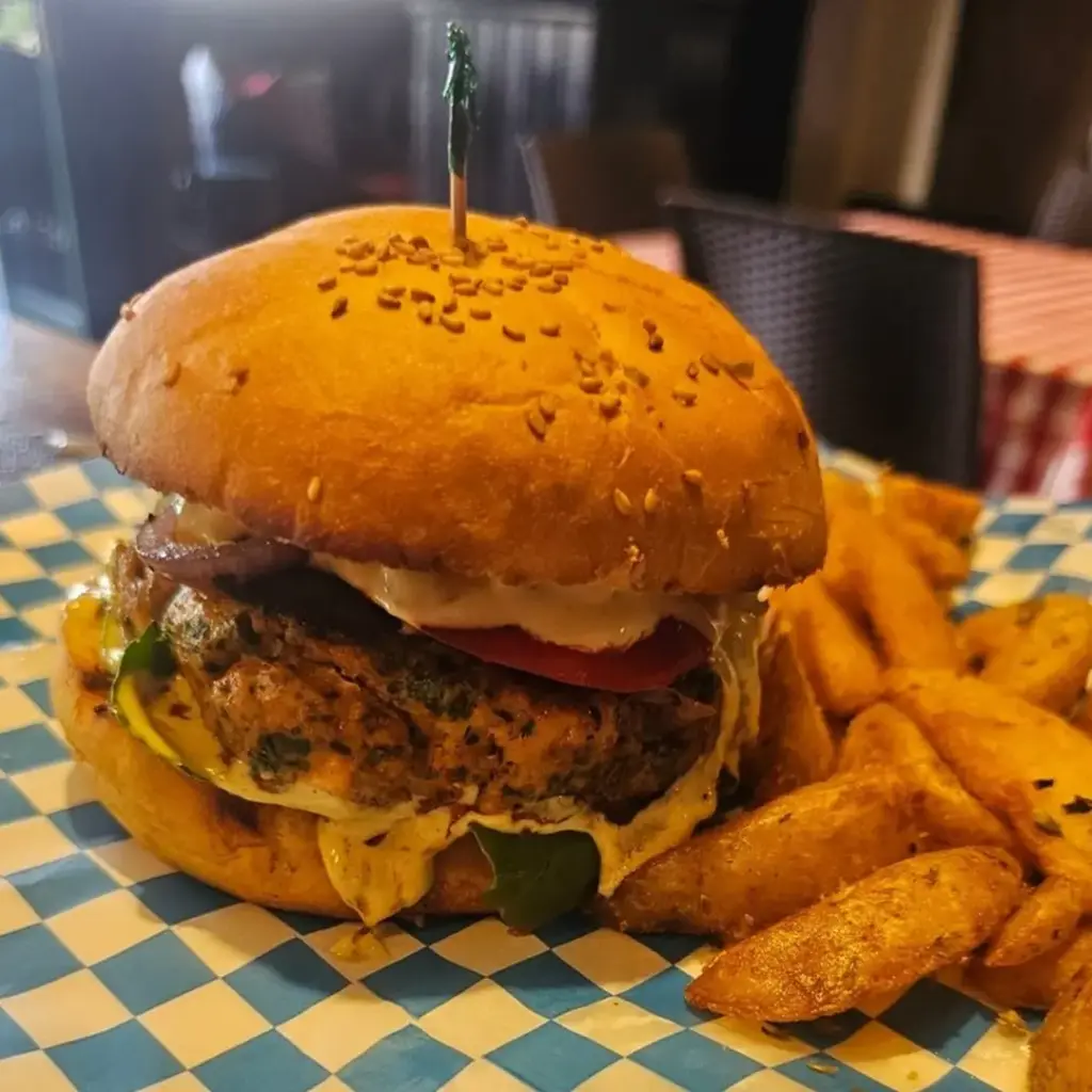 The Signature Salmon Burger (R) (Cheddar, Seasoned Fries)