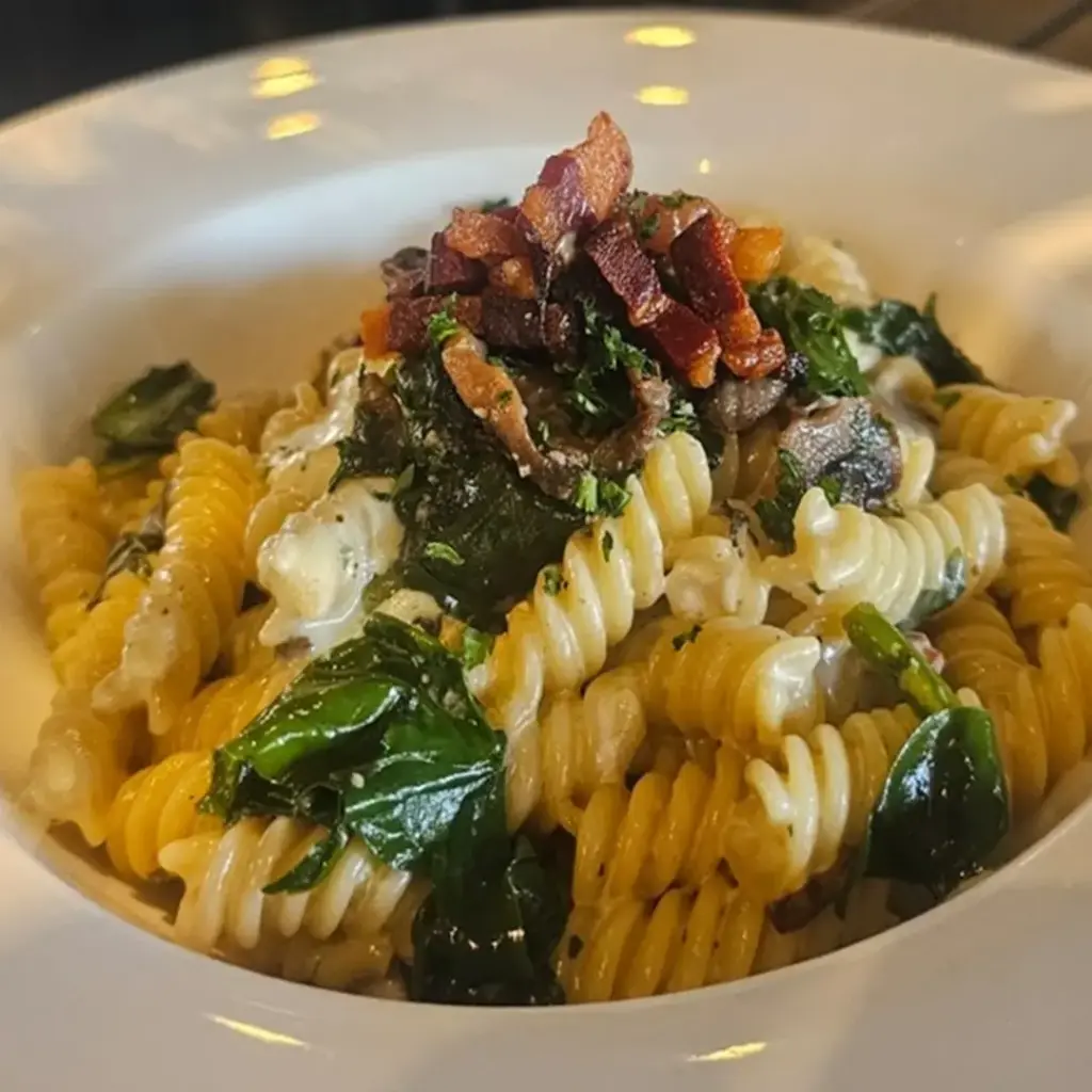 Fusilli Spinach, Mushrooms & Crunchy Pancetta 